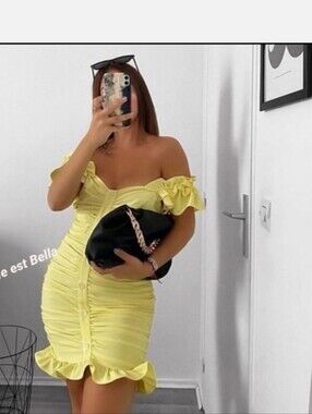 Zara Yellow Off-Shoulder Ruching Ruffle Mini Dress #141